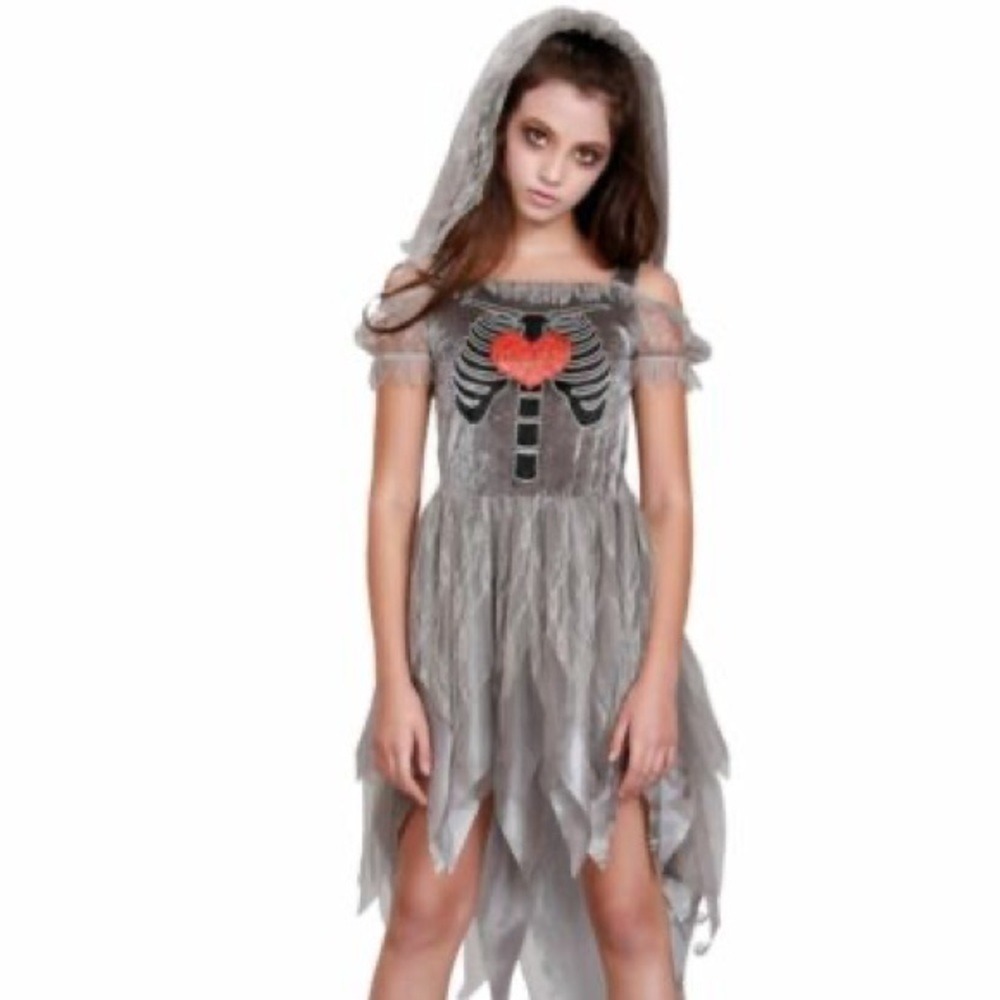 NWT Girls Ghost Bride Costume Gray Dress with Veil, Halloween‎ Party, Size L